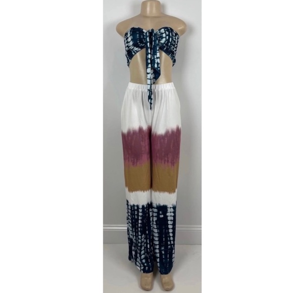 Multicolor Tie Dye Tie Front Crop Top and Wide Leg Palazzo Pants Set Size Large - Picture 4 of 9